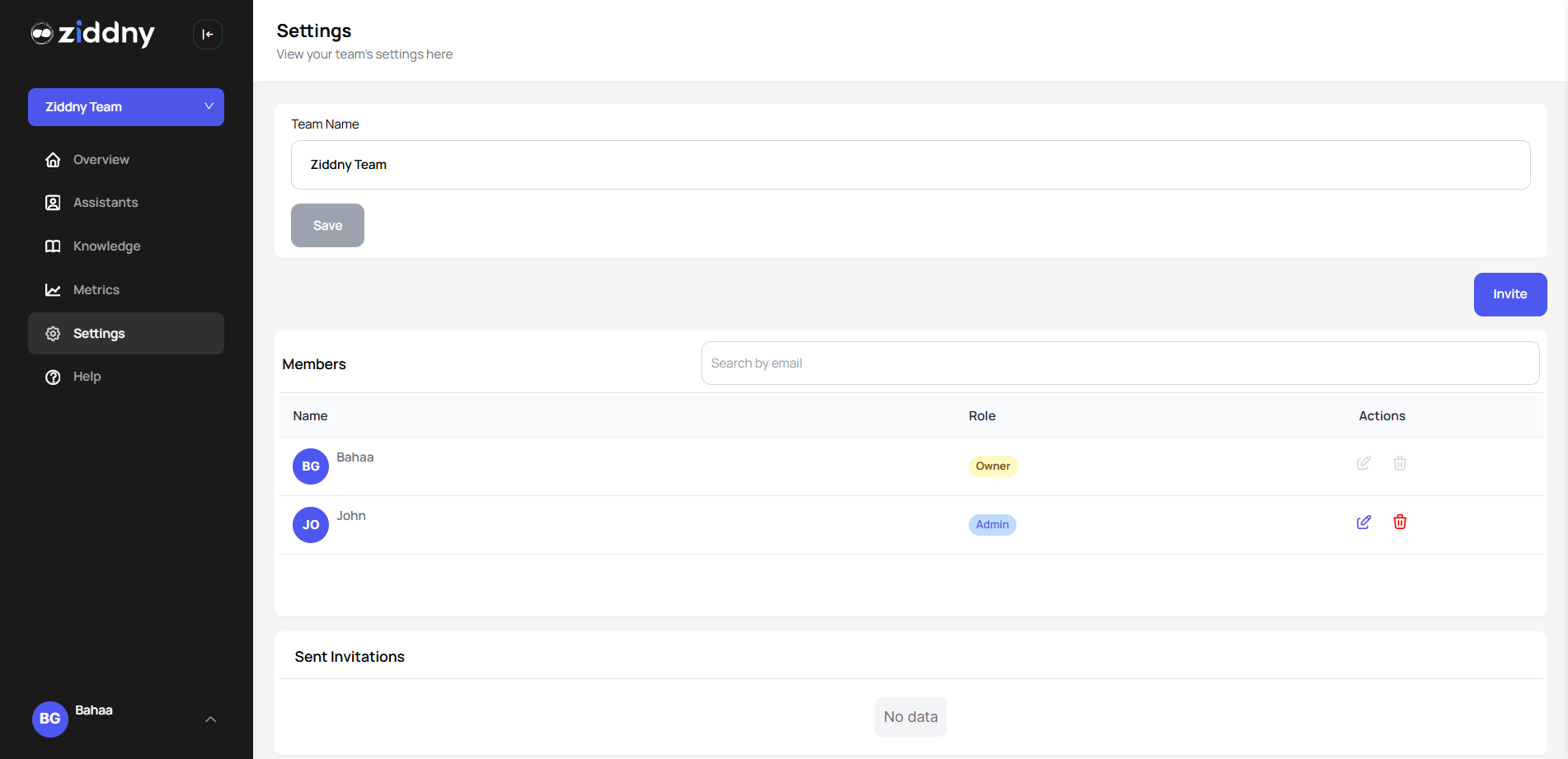 Team Settings Interface